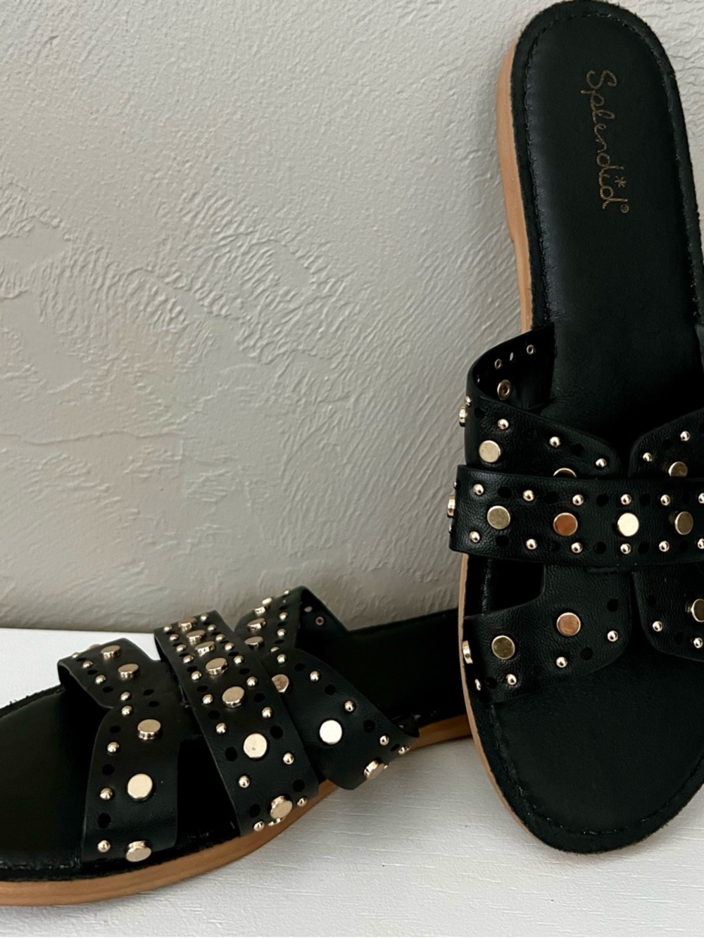 Splendid Black Slide Sandals with Gold Studs